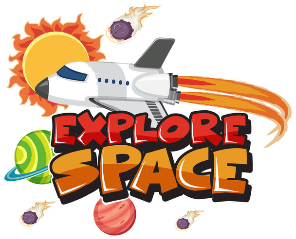 Font design for word explor space with spaceship flying on white background illustration - Vektor, kép