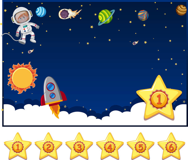 Hintergrund-Design-Vorlage mit Astronauten und vielen Planeten Illustration - Vektor, Bild