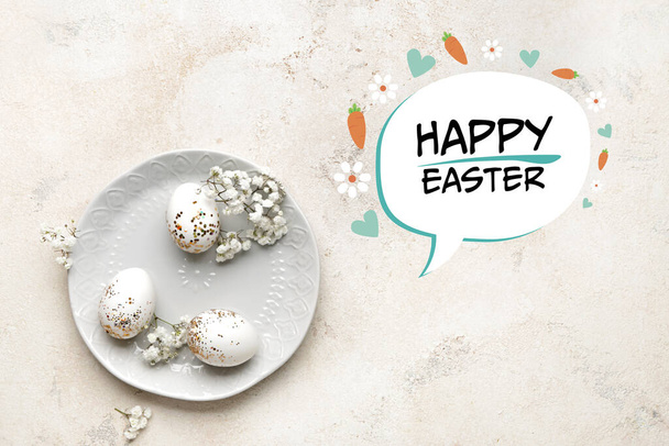 Plate with beautiful eggs and text HAPPY EASTER on light background - Photo, Image