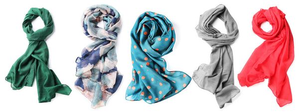Different beautiful scarves on white background - Photo, Image