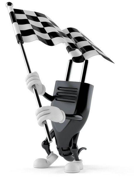 Электрическая вилка персонажа ждет гоночный флаг, изолированный на белом фоне. 3d иллюстрация
 - Фото, изображение
