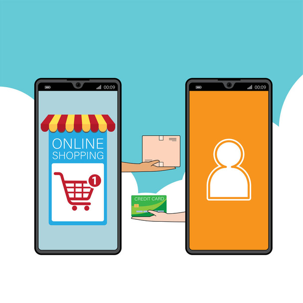 Mobile εφαρμογή για ψώνια, Online supermaket, Smartphone με εφαρμογή αγορών. - Διάνυσμα, εικόνα