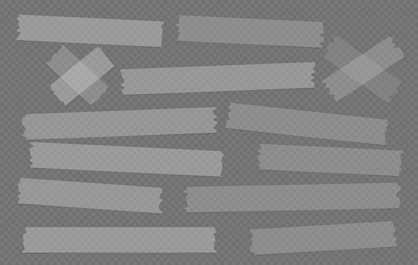 Šedé a bílé různé velikosti lepidlo, lepicí, maskovací páska, papírové kousky jsou na tmavém čtvercovém pozadí - Vektor, obrázek