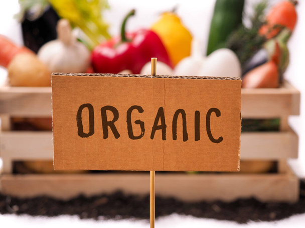 Organiczne warzywa w drewnianym rustykalnym pudełku i wierzchniej warstwie gleby z kartonowym kwadratowym znacznikiem. Znacznik cenowy, tag podarunkowy, etykieta sprzedażowa, etykieta izolowana na białym tle - Zdjęcie, obraz
