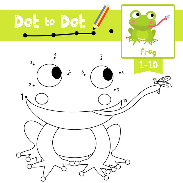 Dot to dot educational game and Coloring book of Frog eating fly animals cartoon character for preschool kids activity about learning counting number 1-10 and handwriting practice worksheet. Vector Illustration. - Vektör, Görsel
