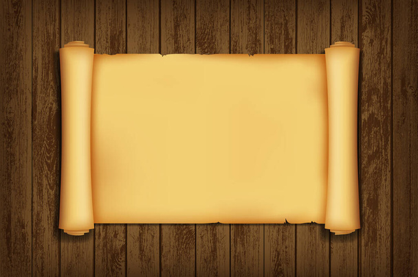 Rouleau antique de papier parchemin. Gabarit vide sur une table en bois. Fond vectoriel
. - Vecteur, image