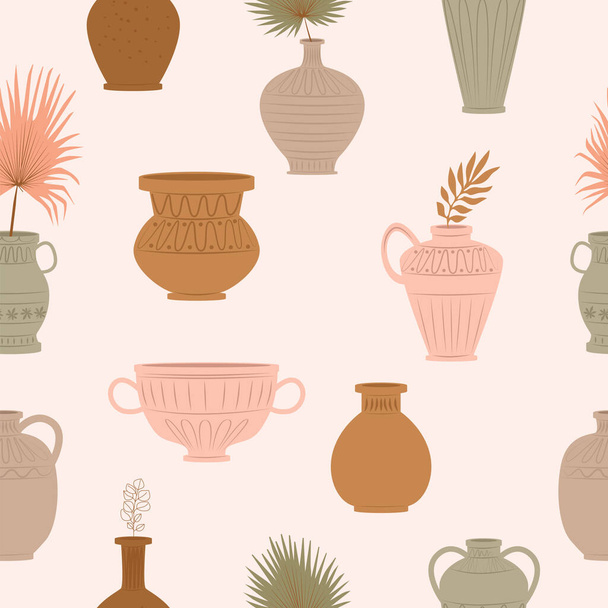 Seamless pattern with ceramic bowls, vase, jugs with palm leaf. Editable vector illustration. - ベクター画像