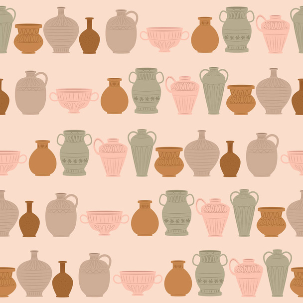 Seamless pattern with ceramic bowls, vase, jugs. Editable vector illustration. - Vector, Image