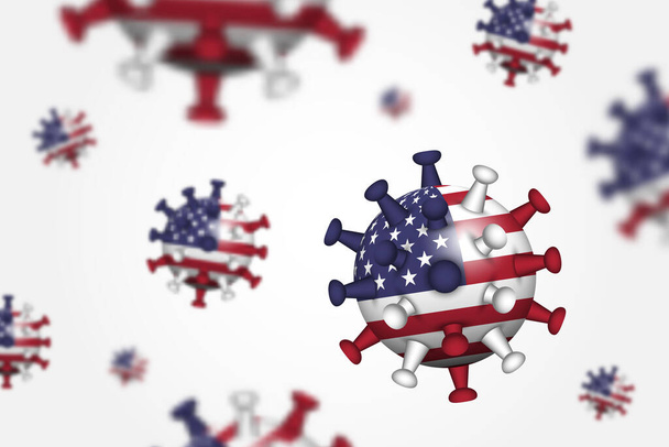 COVID-19 . 3D floating corona virus with America ( USA ) flag and depth of field . Cause of SARS , MERS COV and COVID19 in human . Global spread and worldwide infected . Vignette background . Vector . - Вектор,изображение