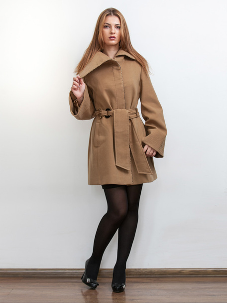 Slim girl posing in classic brown coat and black pantyhose - Photo, Image