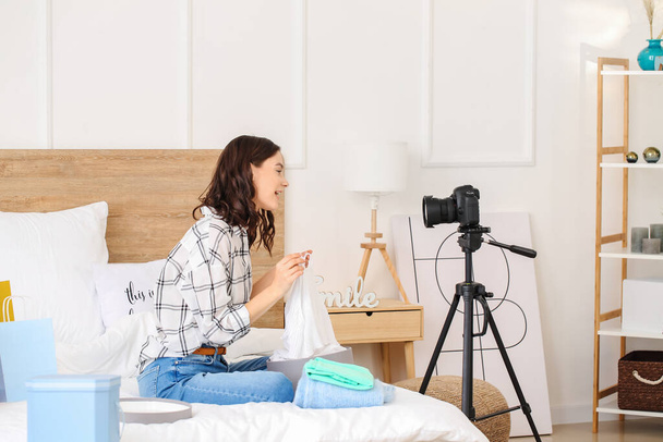 Young fashion blogger recording video at home - Foto, Imagem