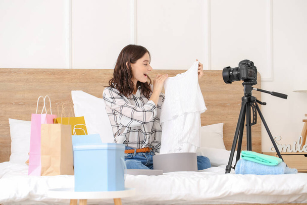 Young fashion blogger recording video at home - Foto, Imagen