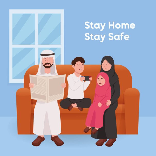 Happy Muslim Family Sitting Together Stay in Home Cartoon Illustration - Vector, Image