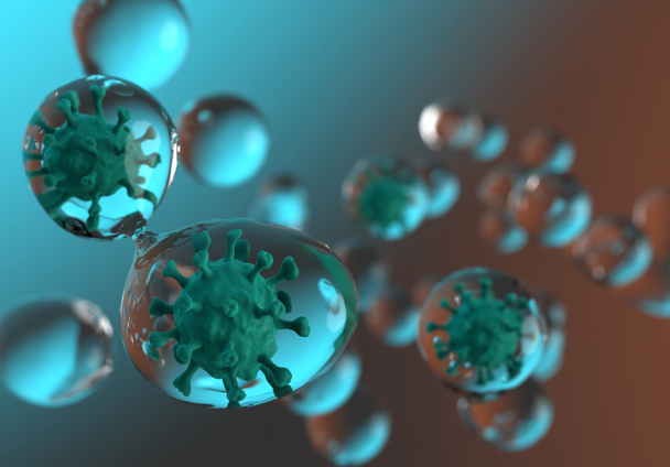 コロナウイルスは液滴感染によって拡散する。3Dレンダリングのクローズアップ. - 写真・画像