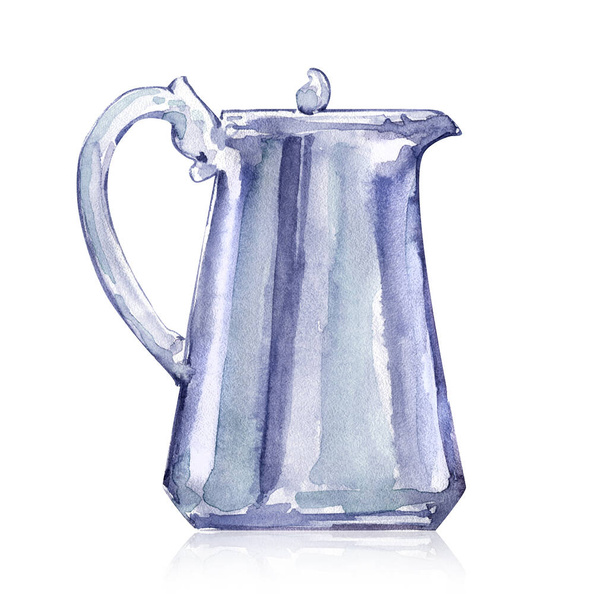 Чайник молочний чоловік металеві блискітки обробляють кришку аквареллю ізольовані білий фон ілюстрації
 - Фото, зображення