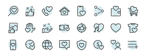  Il set di icone sull'amore contiene icone come l'amore per la musica, la dichiarazione d'amore, il cuore, la casa preferita, il set lineare. Vettore su sfondo bianco. Ictus modificabile. 480x480 - Vettoriali, immagini