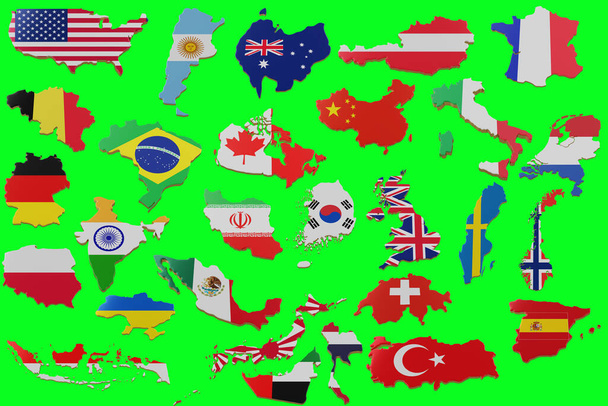 3D карта з багатьма країнами. Карта країн має сухопутний кордон з прапором. 3d рендеринг - Фото, зображення