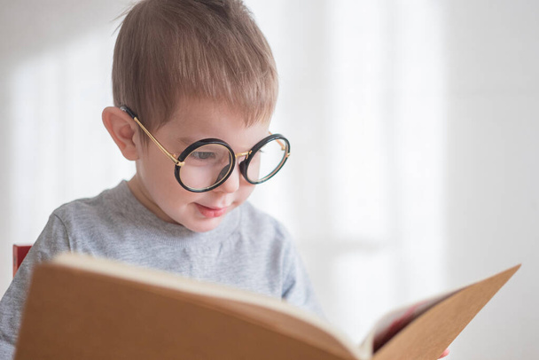 Cute toddler boy reading a book in glasses. Smart preschooler. Back to school concept - Foto, immagini