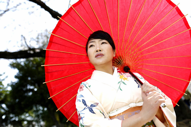Porträt einer Japanerin mit weißem Kimono im Kirschblütengarten in Tokio, Japan. - Foto, Bild
