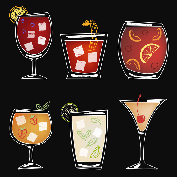 Кольоровий набір різних літніх коктейлів, намальованих крейдою на дошці. Тема меню панелі
 - Вектор, зображення