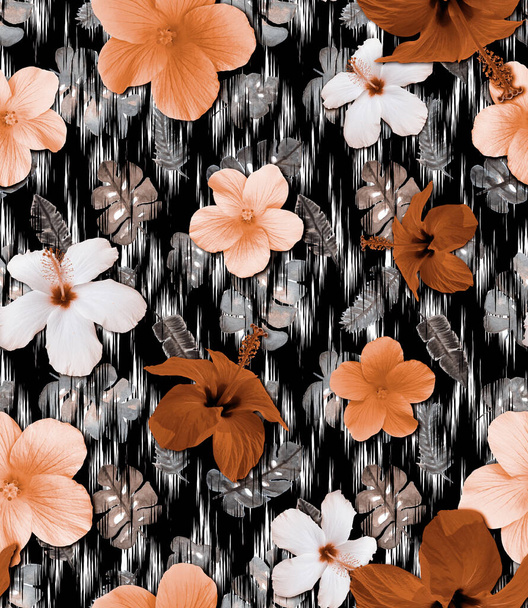χωρίς ραφή πολύχρωμο φωτεινό μικτό μοτίβο με τροπικά λουλούδια και φύλλα ζωγραφισμένα στο χέρι  - Φωτογραφία, εικόνα