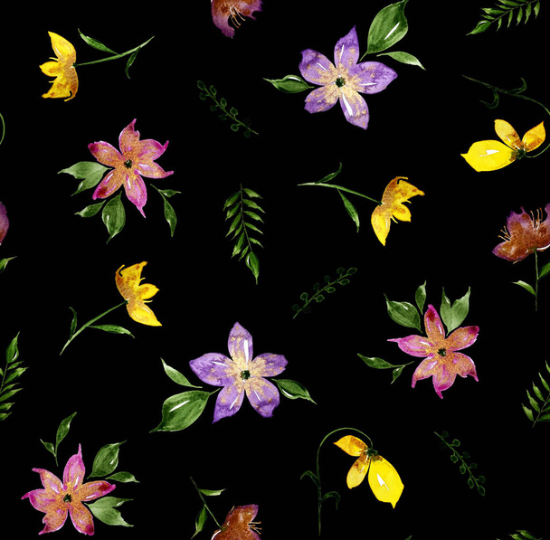 käsin piirretty saumaton värikäs kirkas kuvio värikkäitä kukkia - Valokuva, kuva