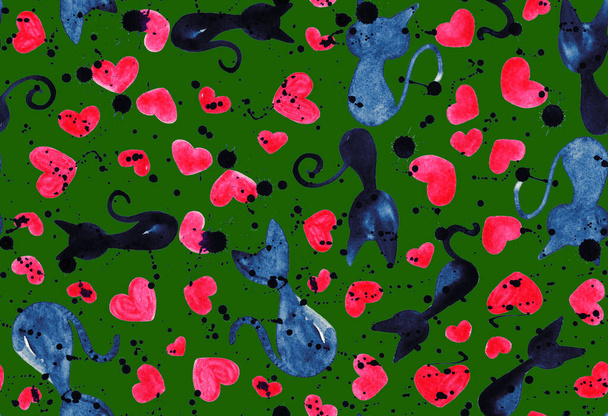 seamless colorful bright pattern with cats and hearts  - Фото, зображення
