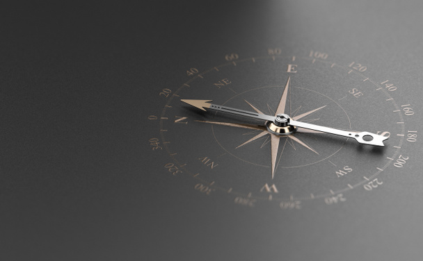 Goldener Kompass über modernem schwarzem Hintergrund. Konzept der Unternehmensführung oder -orientierung, 3D-Illustration. - Foto, Bild