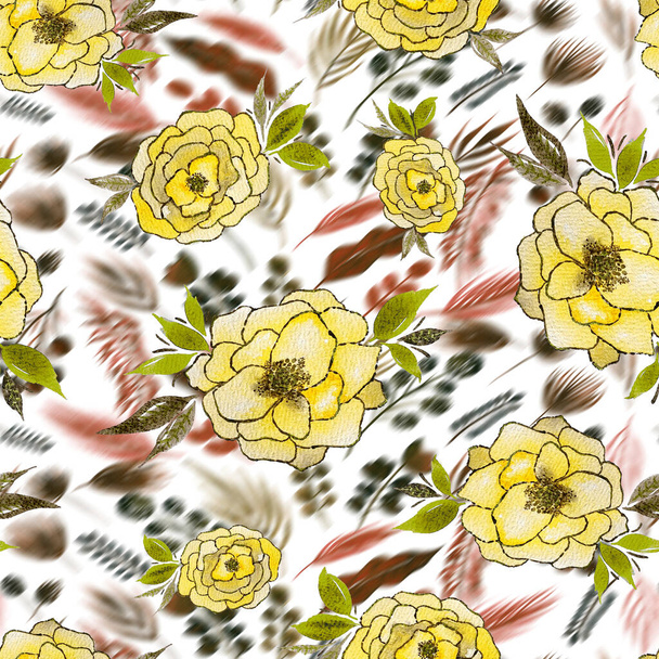 seamless pattern with blurred leaves and flowers  - Photo, Image