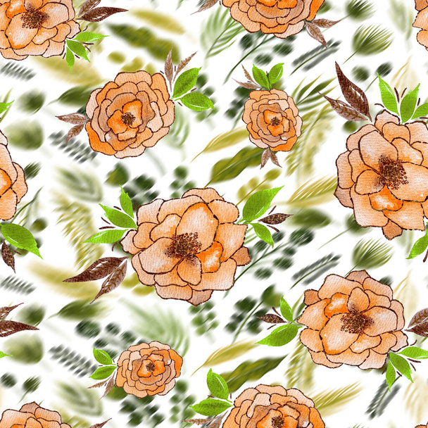 naadloos patroon met wazig blad en bloemen  - Foto, afbeelding