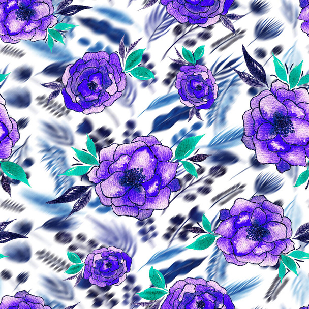 seamless pattern with blurred leaves and flowers  - Φωτογραφία, εικόνα