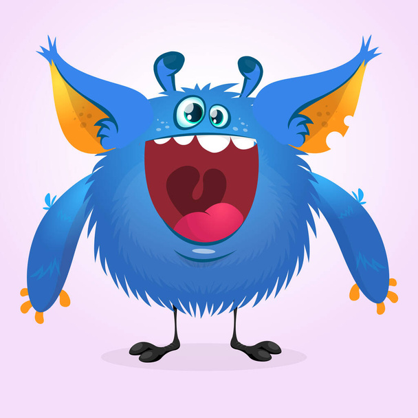 Scary fat cartoon monster gremlin with a big mouth waving hand. Halloween vector illustration - Vettoriali, immagini