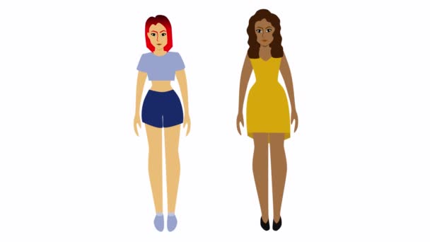 黄色のドレスを手に赤い髪とアフリカ系アメリカ人の女の子と若い白人女性。漫画、アニメーションの白い背景に隔離された。国際友情、愛、混合レース - 映像、動画