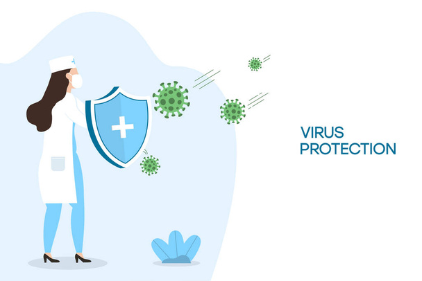 Coronavirus protection. Woman doctor with security shield for virus protection. Nurse fighting Coronavirus cells. Concept of vaccine and stop COVID-19 pandemic. Vector illustration. - Vektor, obrázek