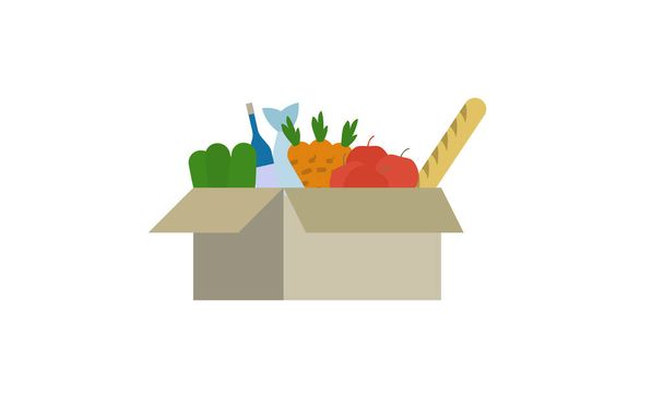 Doos met fruit, groenten, brood, fles en vis. Vlakke vector illustratie geïsoleerd op witte achtergrond - Vector, afbeelding