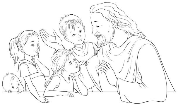 Jesus Christ talking to children. Vector cartoon coloring page. Also available colored version - Vector, Image