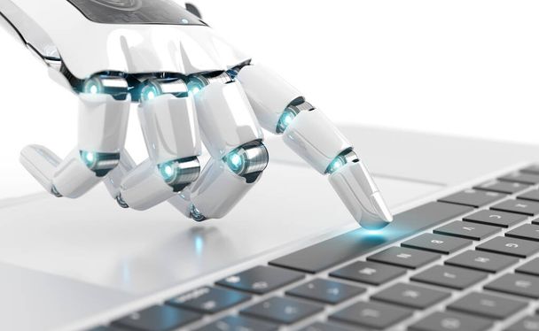 White robot cyborg hand pressing a keyboard on a laptop 3D rendering - Foto, imagen