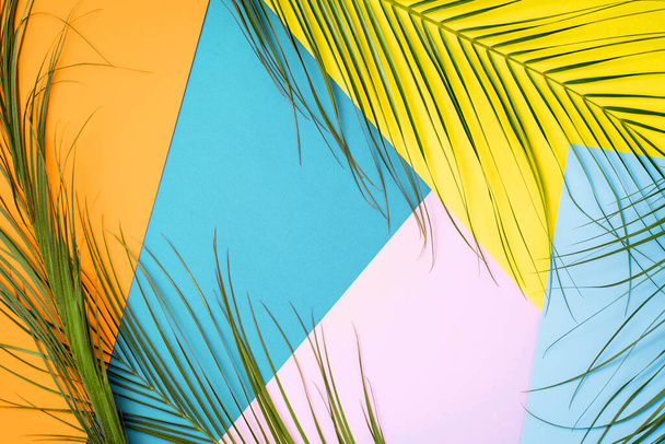 Summer, vacation, travel concept. Tropical bright multicolored background with painted exotic palm leaves. Flat lay, top view, free space, frame of leaves. - Foto, afbeelding