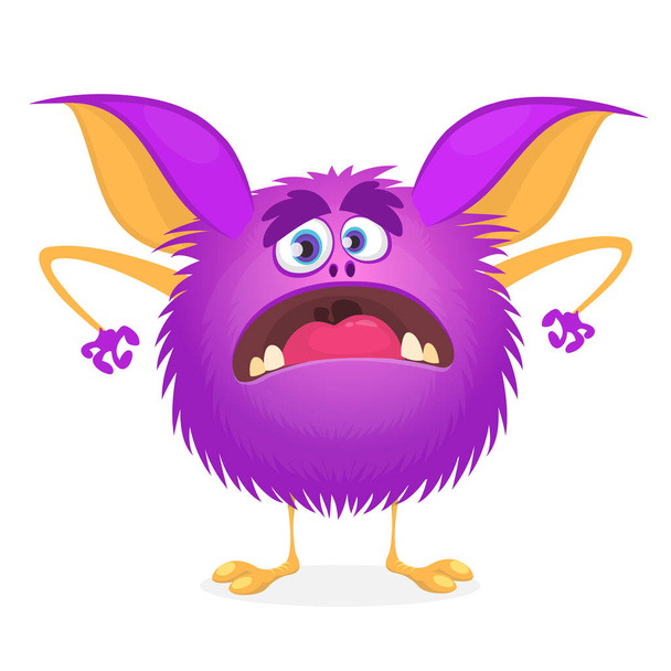 Angry tiny cartoon monster. Halloween vector illustration of violet monster character. Design for print, sticker or party decoration - Vector, afbeelding