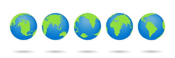 Conjunto de globos terrestres. Mapas do mundo isolados sobre fundo branco. Ícones globus 3d. Símbolo mundial com azul, cor verde. Continentes e oceanos para viagens, web, aplicativos. Planetas gráficos. Logotipo da geografia. Vetor
 - Vetor, Imagem