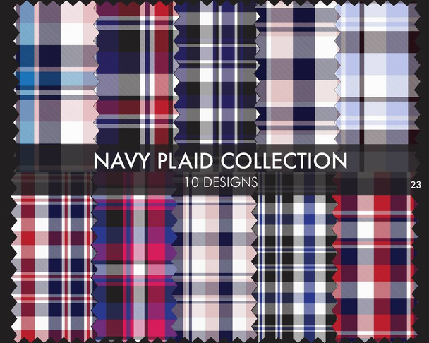 Navy Plaid, checkered, tartan seamless pattern collection includes 10 designs suitable for fashion textiles and graphics - Vector, Image