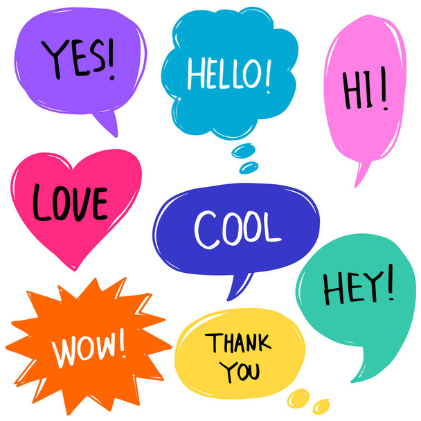 Ручной набор красочных пузырьков речи с рукописными короткими фразами Hello, hi, thank you, wow, yes, love, cool
. - Вектор,изображение