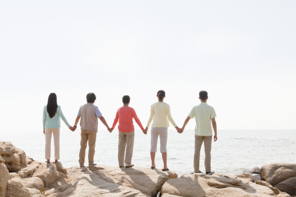 třígenerační rodina drží za ruce na skále u moře - Fotografie, Obrázek