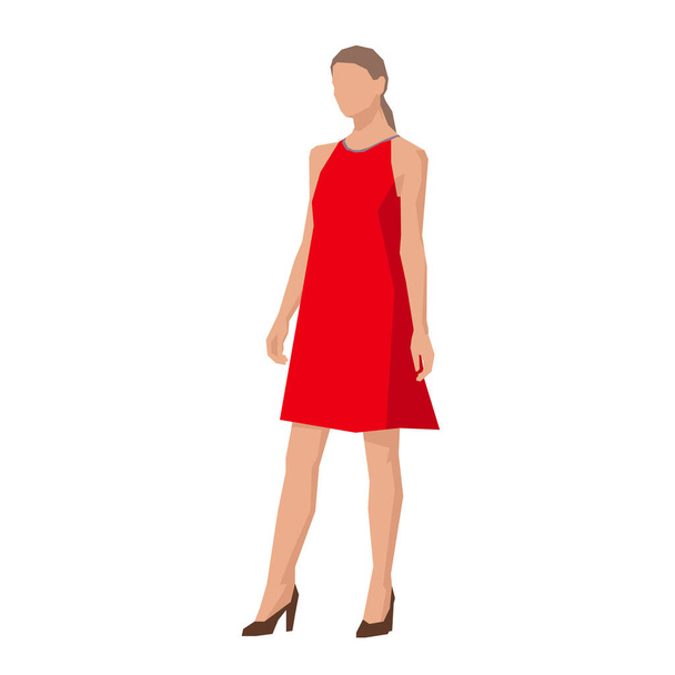 Brunette business woman standing in red dress, geometric flat design vector illustration - Vetor, Imagem