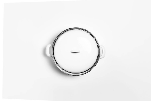 Metal white enameled saucepan, pot isolated on white background.High-resolution photo. - Photo, Image