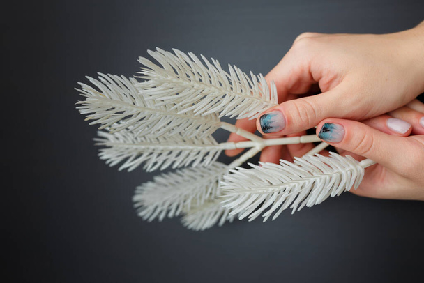 Vrouwelijke handen met sparrenboom manicure houden witte kunstmatige sparren tak op zwarte achtergrond. Kerst of winter nagel kunst. Handen zorg, vingernagels ontwerp, schoonheid en gezondheid concept. Kopieerruimte. - Foto, afbeelding