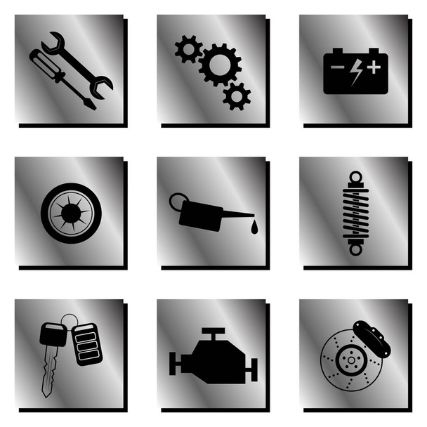 Sada 9 symbolů, ikon a obrázků automobilových a automobilových nástrojů, nástrojů, dílů, komponentů v high-tech metalovém a ocelovém stylu. Pro autoservis, autoopravnu, autoopravnu. Orientace vektorového čtverce - Vektor, obrázek