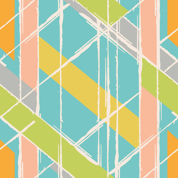 Moderner Grunge Streifen Vektor nahtloser Musterhintergrund. Pinselstrich Stil linearen Webeffekt Hintergrund. Abstrakte Diagonale blau rosa, gelbes Design. Geometrischer All-over-Print für Strand, Sommerkonzept - Vektor, Bild