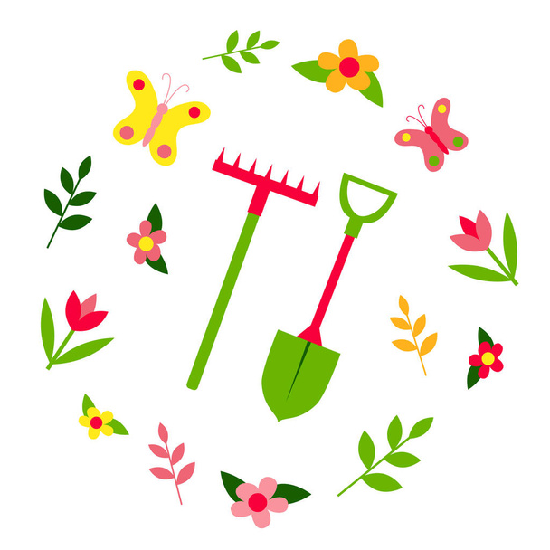 Gardening tools. Spring set: butterflies, flowers, plants. Lettering Hello Spring. Flat design. - Vektori, kuva