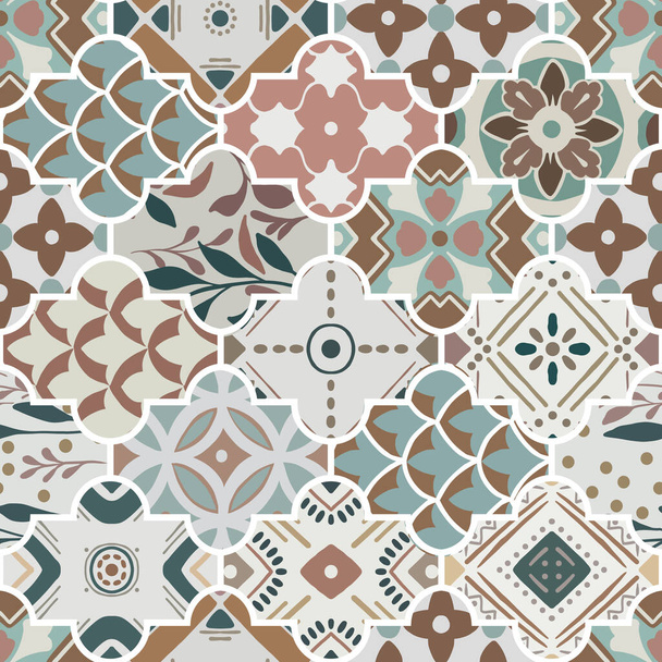 Mão sem costura floral colorido desenhado ornamental padrão leste em patchwork boho estilo chique com treliça, em português e motivo marroquino - Vetor, Imagem